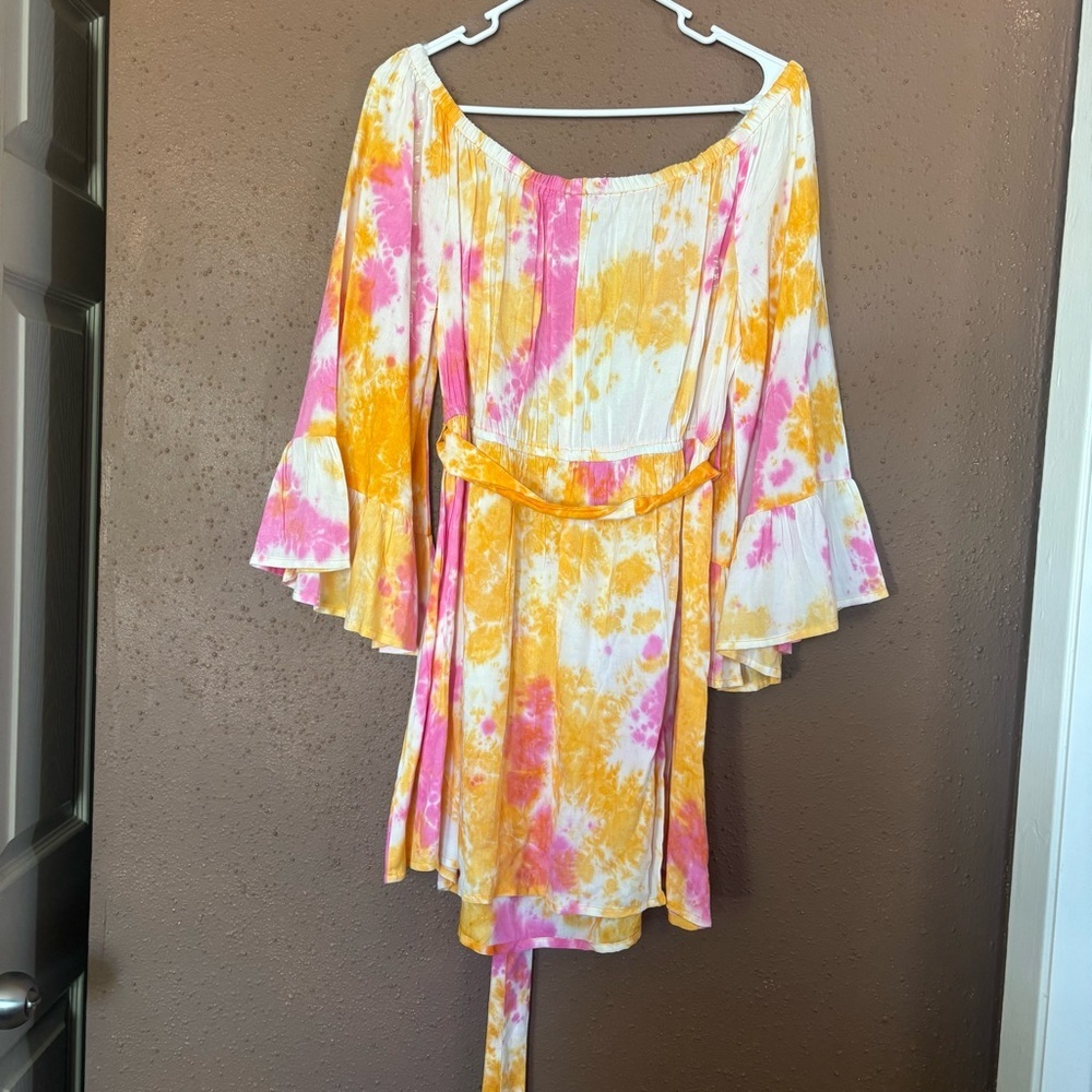 Feathers Pink Orange Tie Dye Off The Shoulder Bell Sleeve Mini Dress XL NWT - Picture 5 of 5
